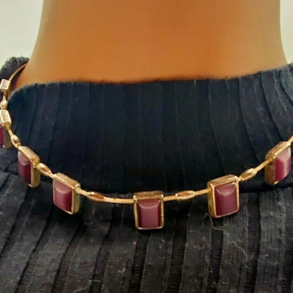 Purple Beaded Cat Eye Silver Tone Accented Necklace